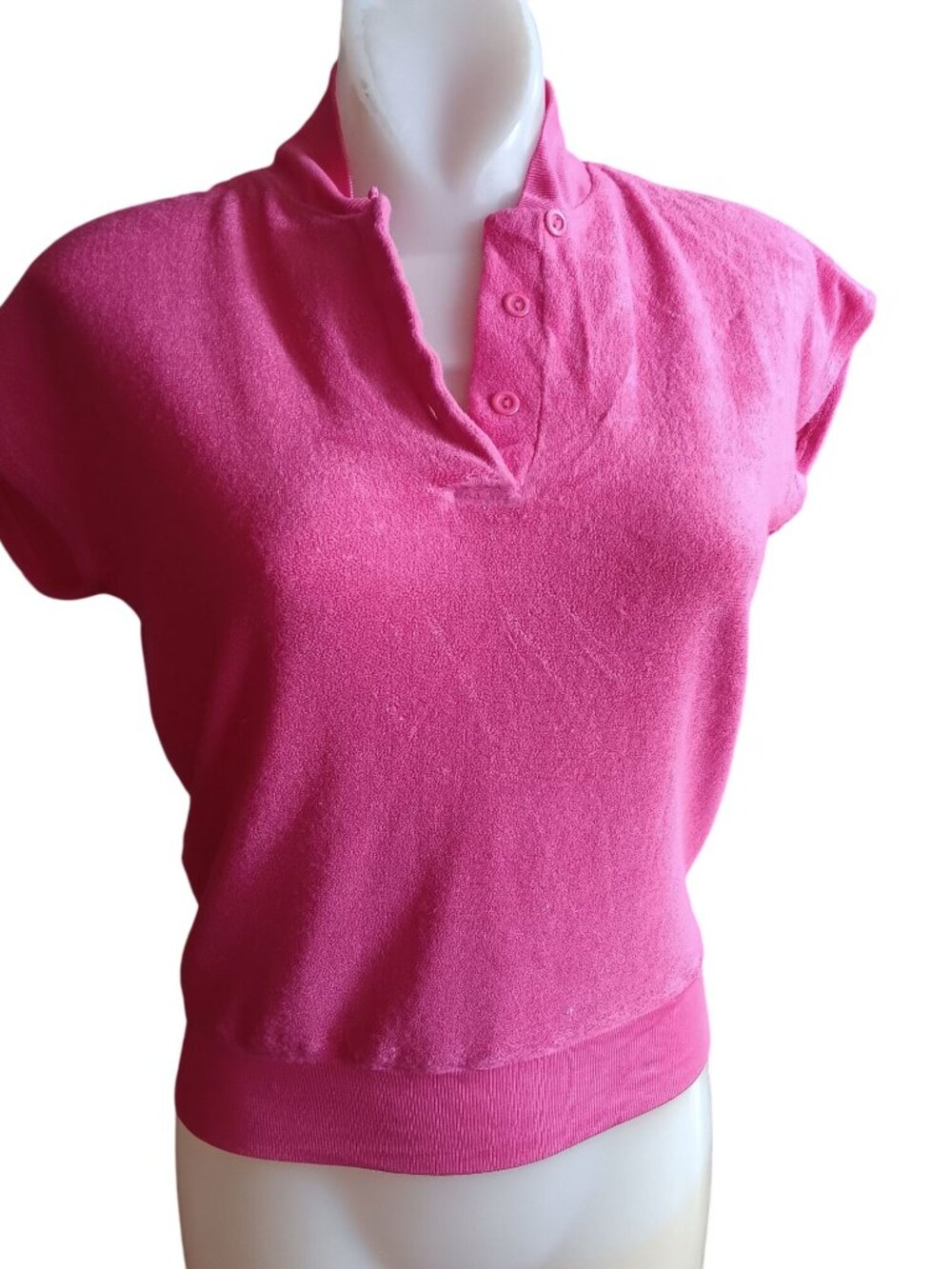 Medium Vintage 70's Pink Top Terrycloth Disco Top Rayon Button-Up Collar